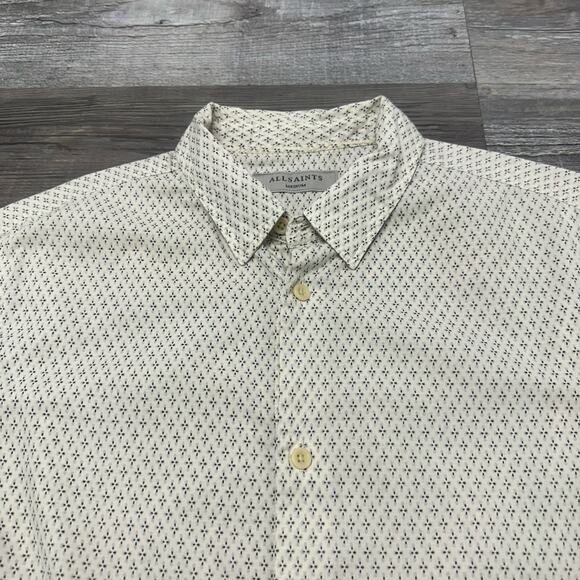 AllSaints Geometric Cream Black AOP Mens Medium Short Sleeve Button Shirt EUC - Picture 1 of 8